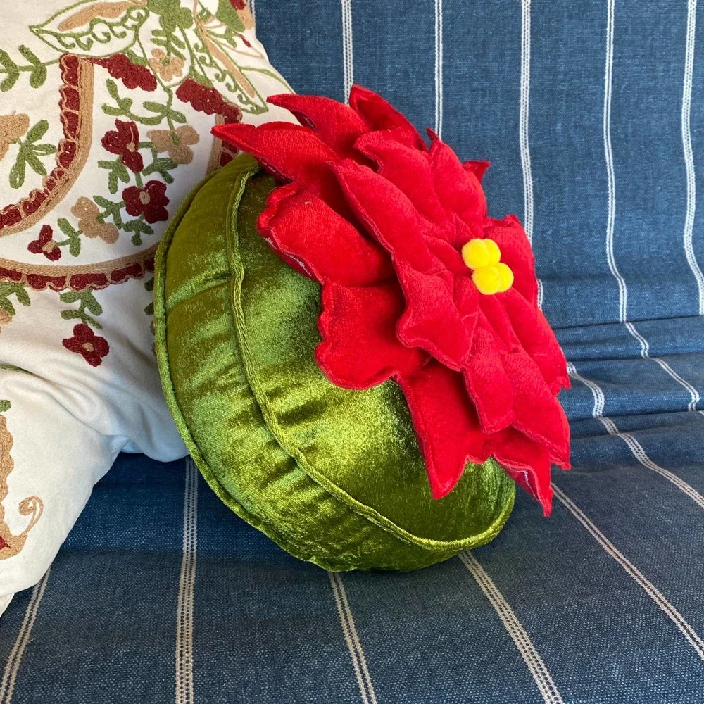 70s Vibe Red & Green Velour Poinsettia‎ Flower 12” Throw Pillow